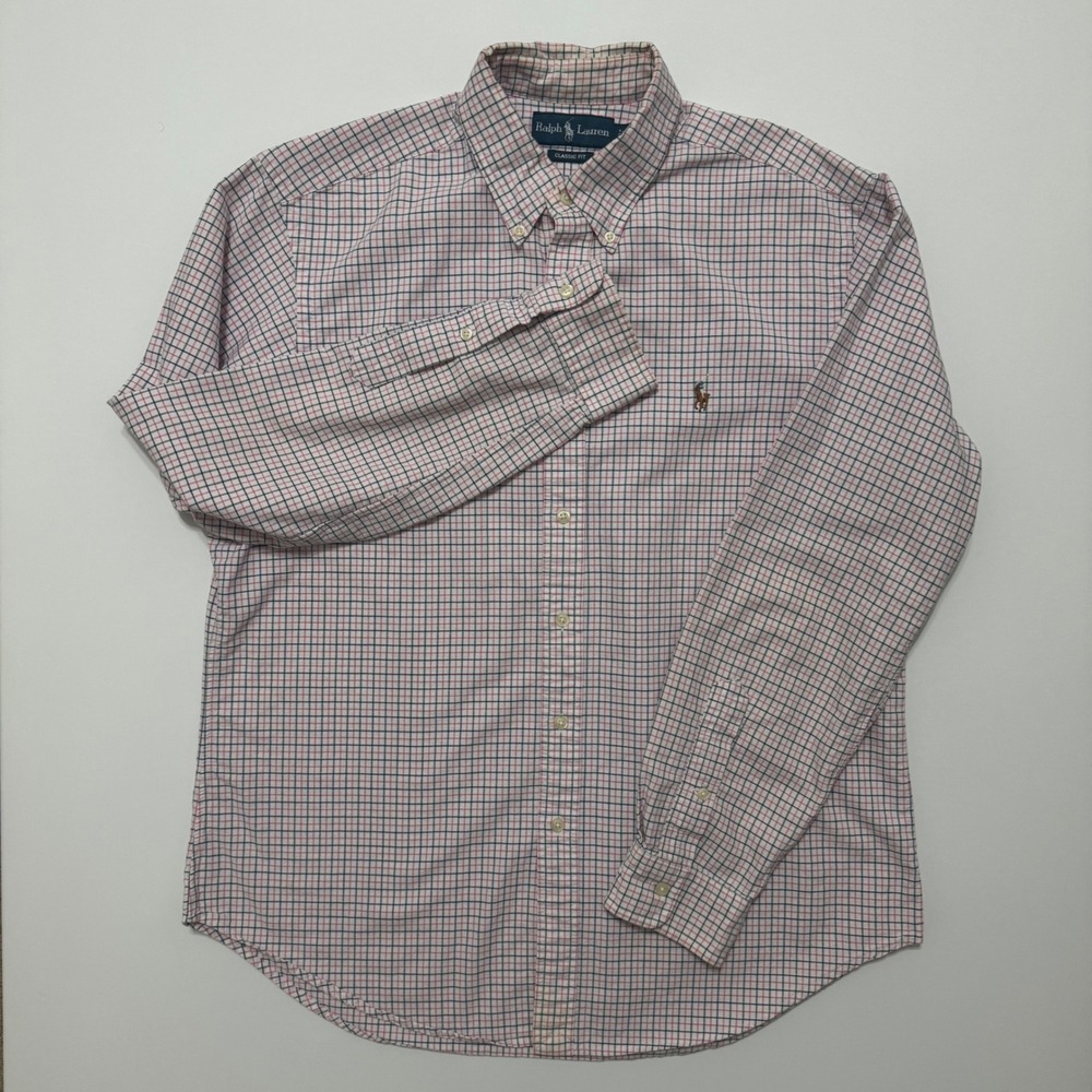 Ralph Lauren Button Down Shirt Mens Large Pink Tattersall Good Classic Fit Pony - Picture 2 of 7